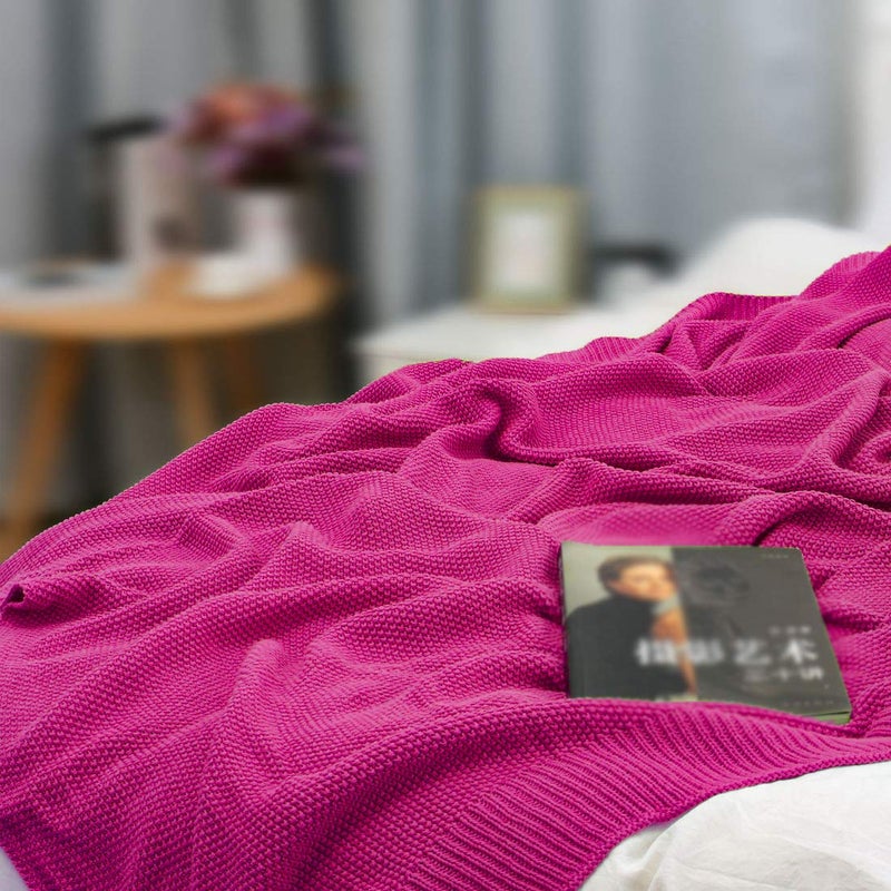 PiccoCasa 100% Cotton Knit Throw Blanket,Solid Lightweight Decorative Throws and Blankets,Soft Knitted Throw Blanket for Sofa Couch, Fuchsia 50" x 60" - Image 3